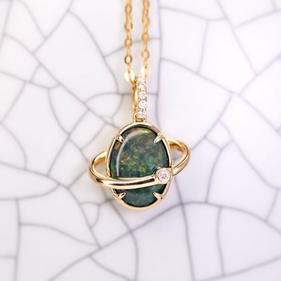 N1 Australian Black Opal & Diamond Earth Noon Necklace 18K Yellow Gold